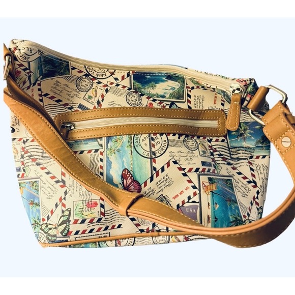 Kim Rogers Postcard Stamp Print Satchel Bag Medium Size Butterfly Purse Handbag - Picture 3 of 10
